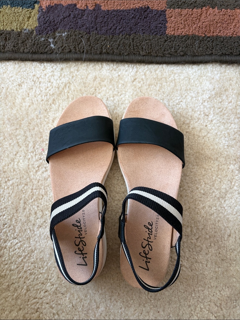 Life Stride Black and Nude Slide Sandals with Striped Elastic Heel